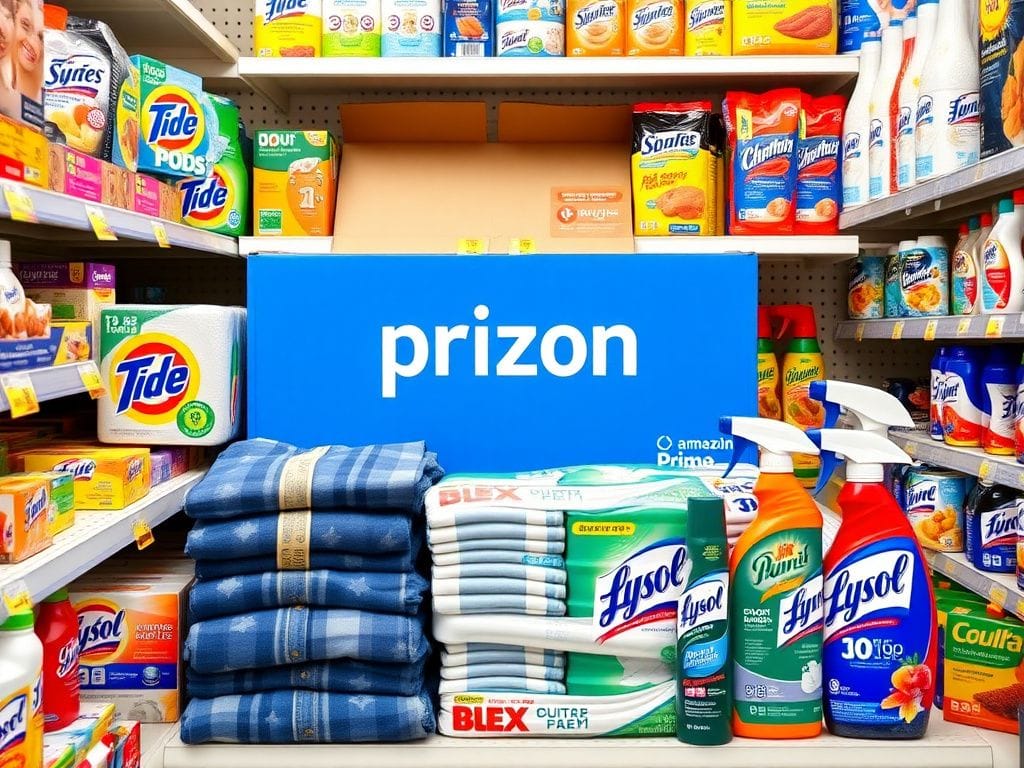Flick International Colorful grocery shelf filled with affordable household essentials including Tide PODS and toilet paper