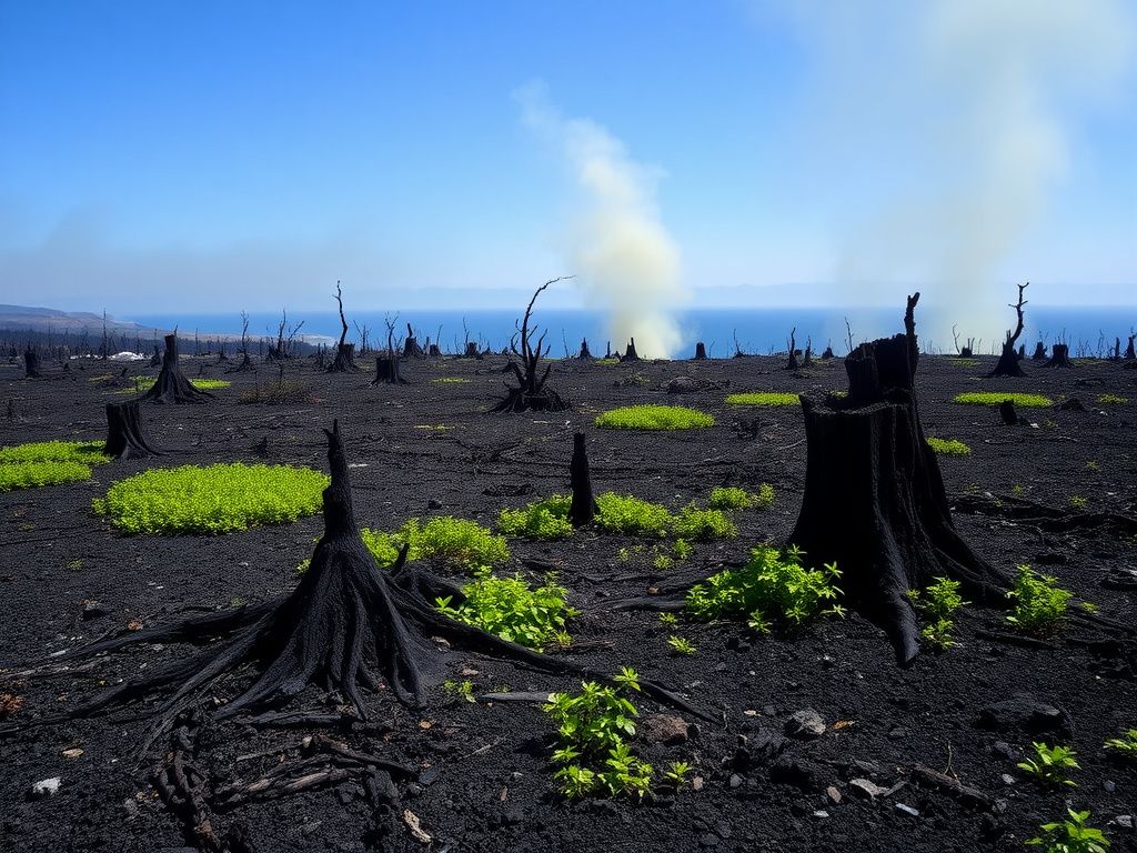Flick International Aftermath of a wildfire showing charred tree stumps and blackened earth in a coastal area