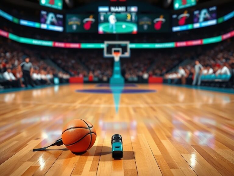 Flick International Intense basketball court scene with referee's whistle and basketball symbolizing foul call