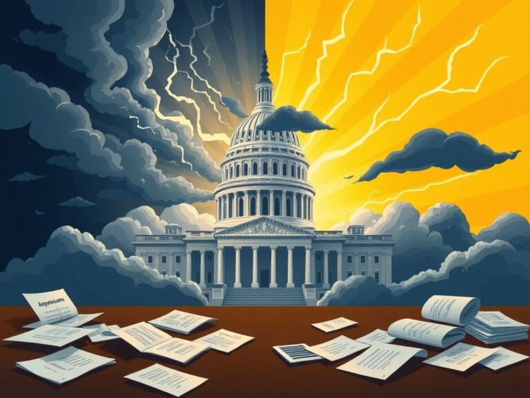 Flick International A stylized depiction of the U.S. Capitol building surrounded by clouds, symbolizing uncertainty and hope during government shutdown negotiations