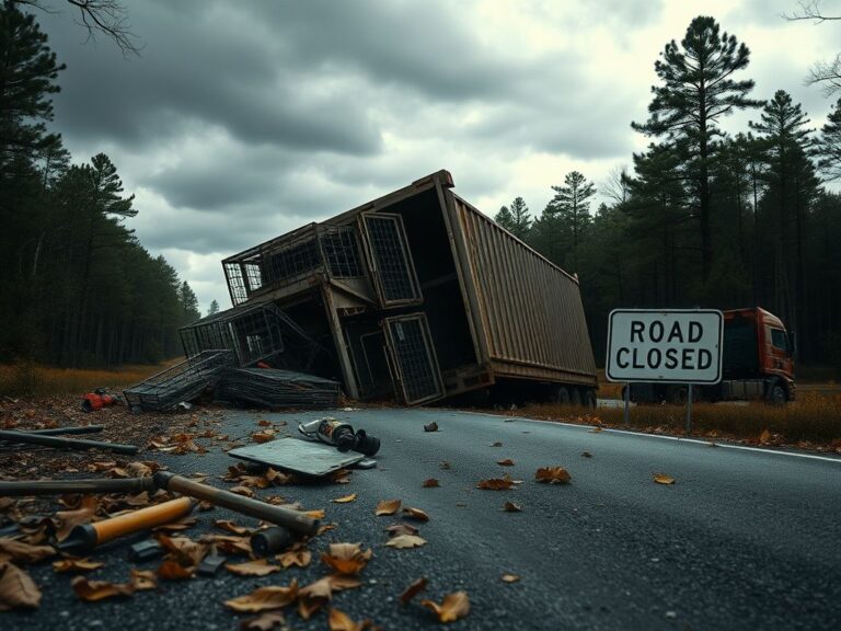 Flick International Flipped transport truck with open cages indicating monkey escape in Mississippi
