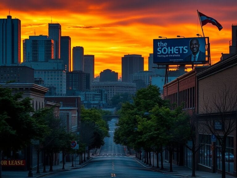 Flick International Dramatic sunset over Minneapolis skyline with modern skyscrapers and historic buildings