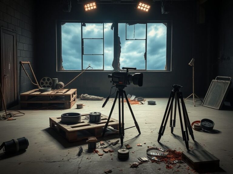 Flick International Hauntingly empty film set scene with abandoned props and a weathered camera