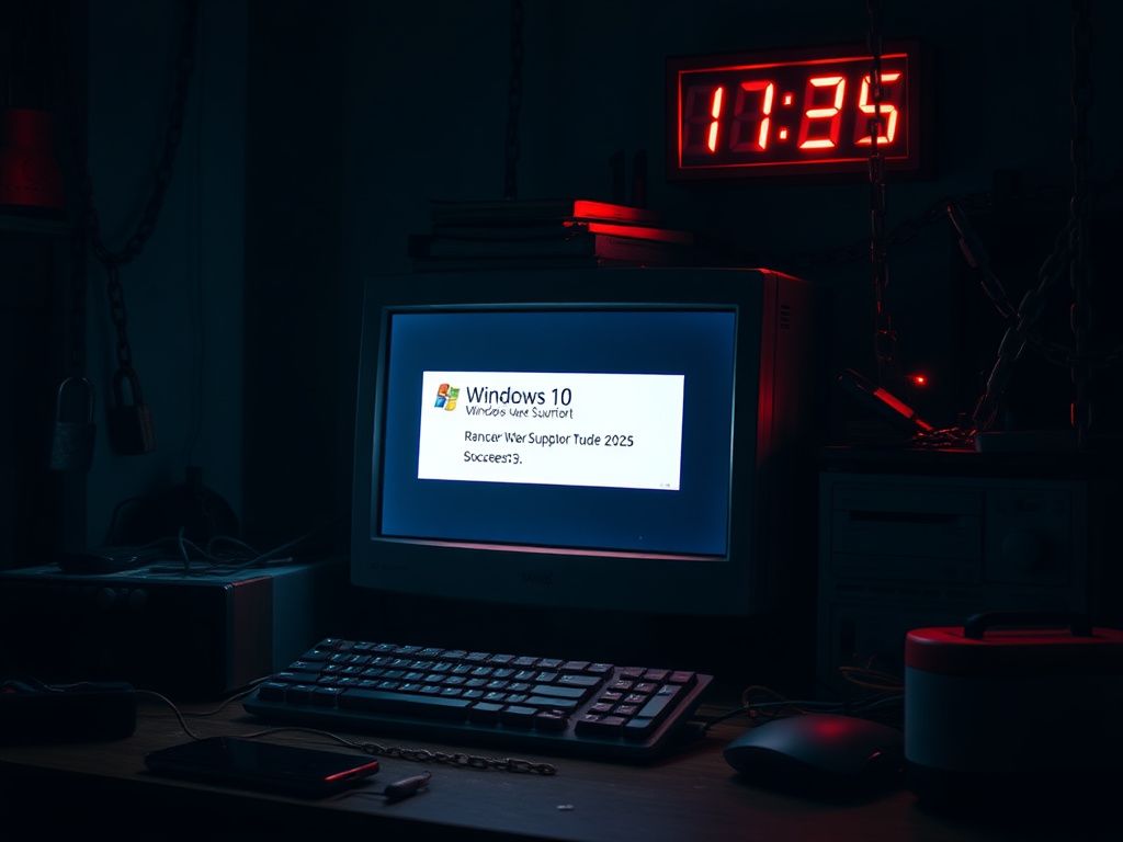 Flick International A dimly lit computer workstation with a vintage Windows 10 desktop showing a ransomware warning message.