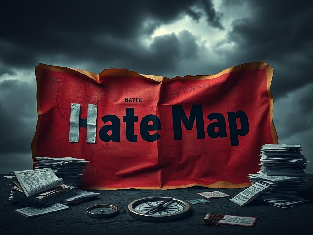 Flick International A weathered 'Hate Map' depicting controversy and division with a broken compass in the foreground
