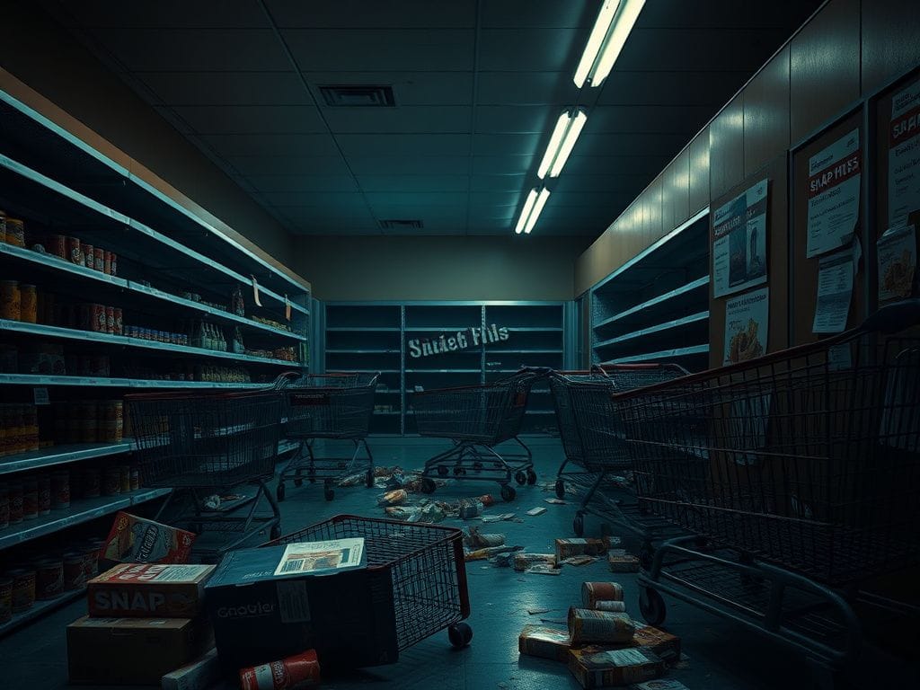 Flick International A chaotic grocery store interior reflecting urgency with scattered food items and empty carts due to SNAP beneficiaries' outrage over government shutdown