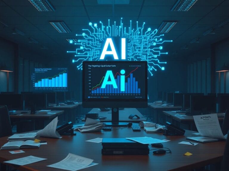 Flick International Corporate office space in disarray with empty desks and scattered documents symbolizing AI job losses