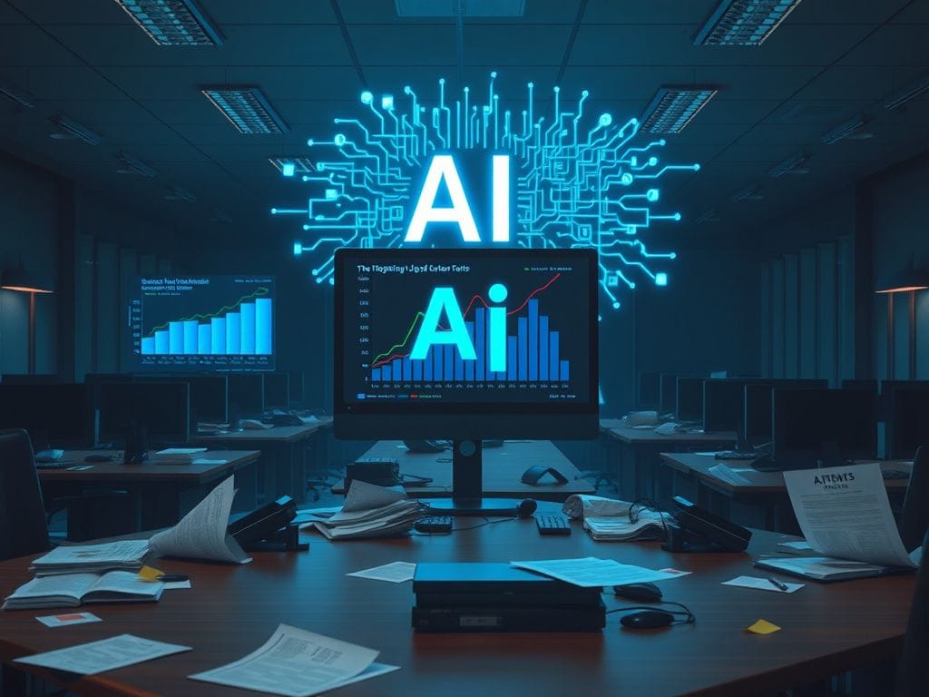 Flick International Corporate office space in disarray with empty desks and scattered documents symbolizing AI job losses