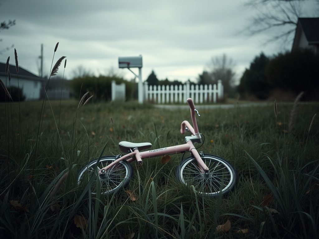 Flick International Overgrown suburban area with a pink child's bicycle, symbolizing absence and neglect