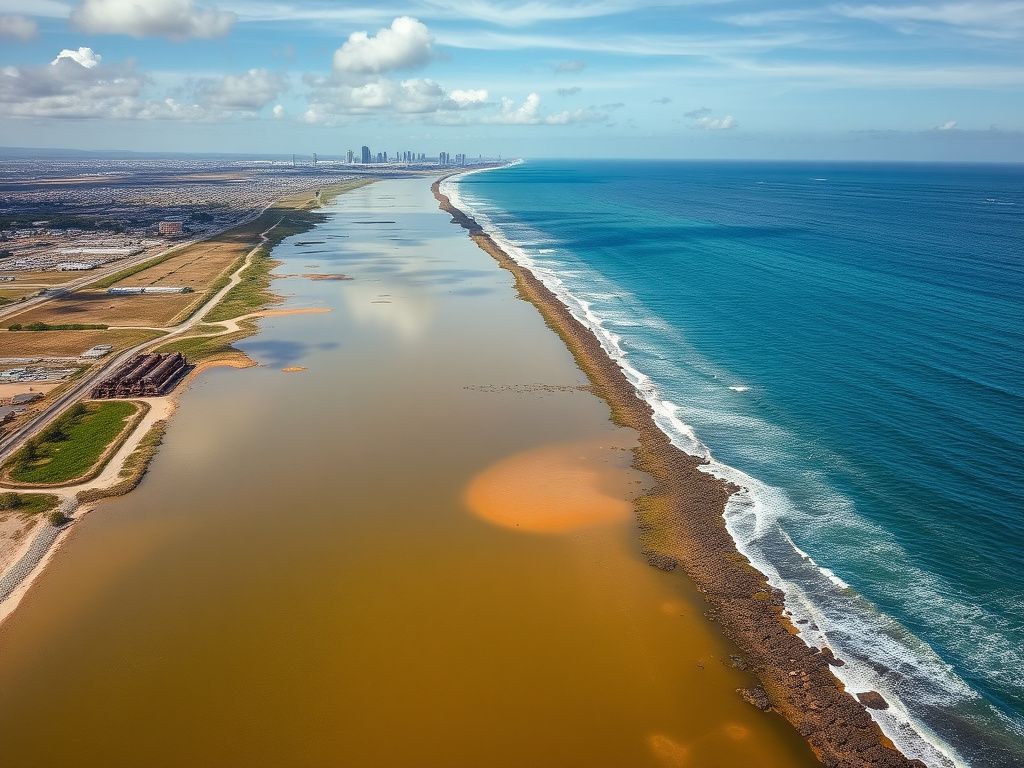 Flick International Aerial view of the polluted Tijuana River near San Diego with visible sewage issues