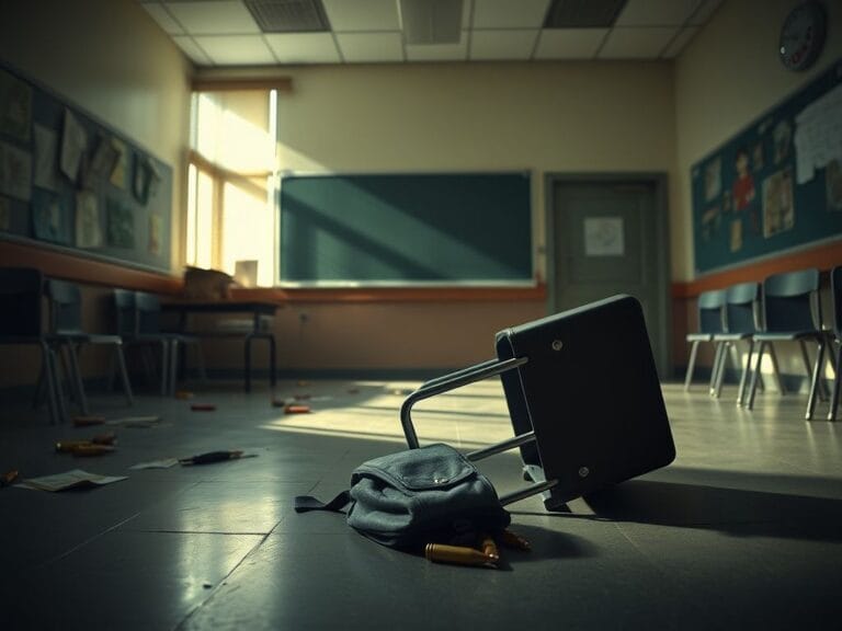 Flick International A somber classroom scene with an overturned desk and an empty backpack, symbolizing chaos after a tragic incident.