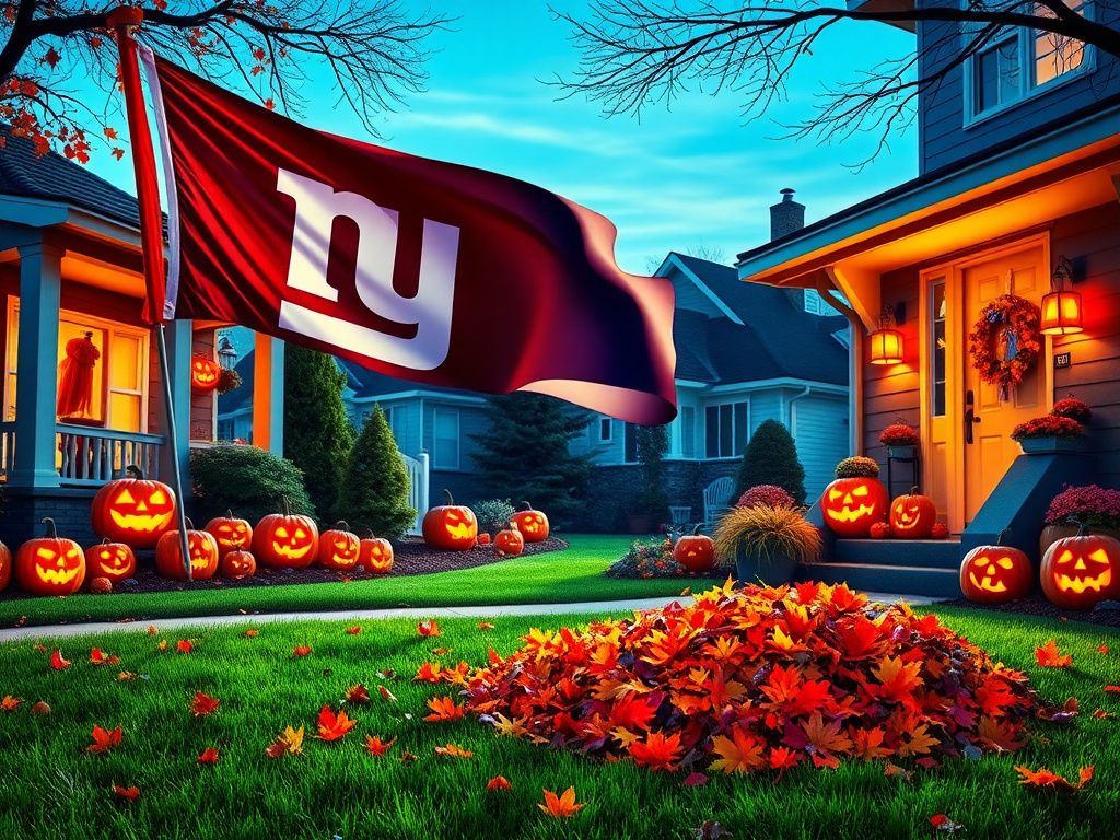 Flick International A child dressed as New York Giants quarterback Jaxson Dart stands amidst colorful fall leaves and Halloween decorations.
