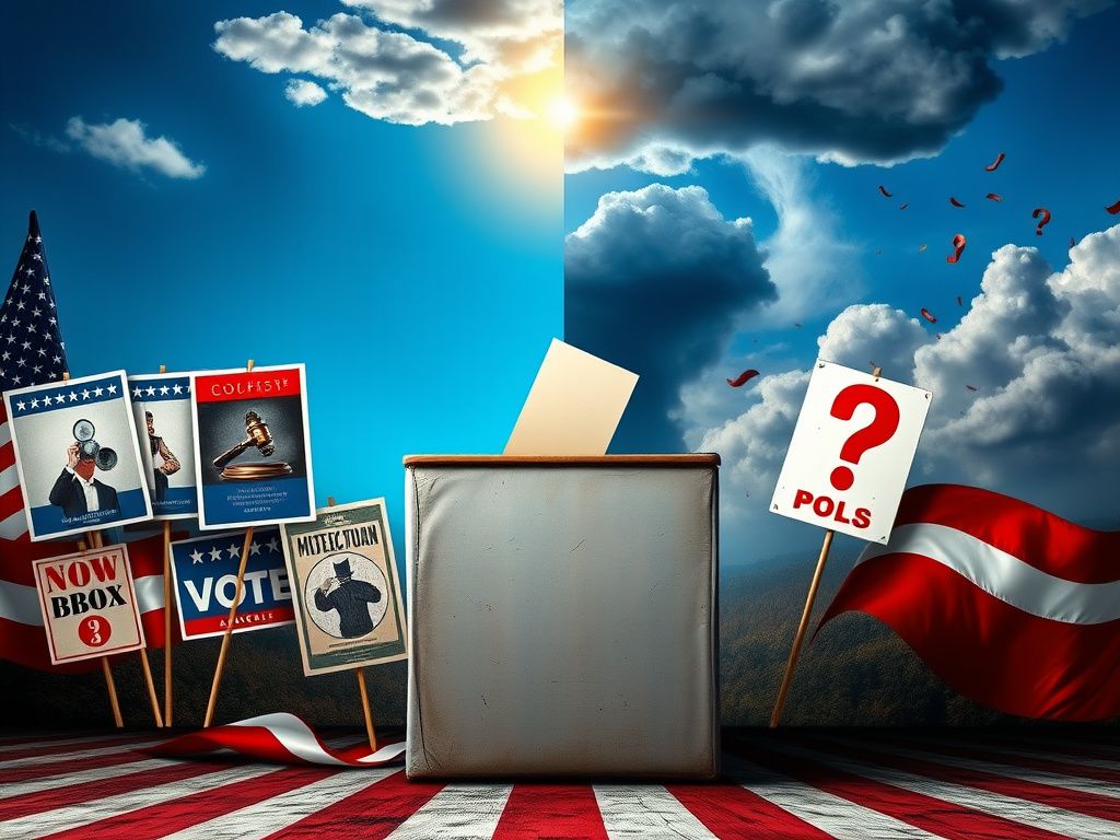Flick International A divided American landscape with a worn ballot box and contrasting campaign posters representing democracy and doubt.