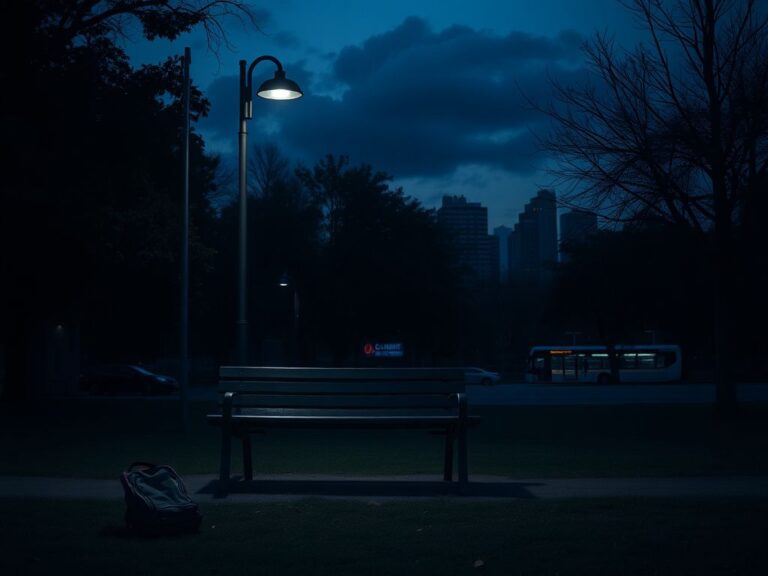 Flick International Empty park at dusk with a weathered bench and abandoned backpack, creating a somber atmosphere