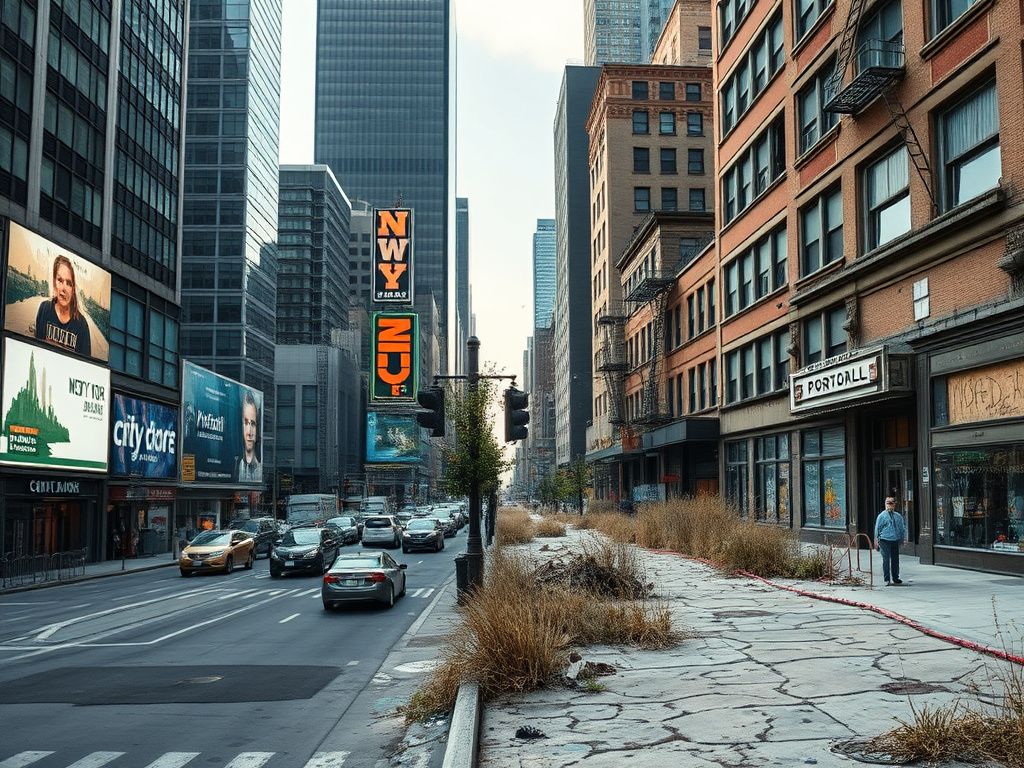 Flick International Contrasting urban scenes of a busy New York City street and an abandoned Portland-like downtown area, showcasing chaos and neglect.