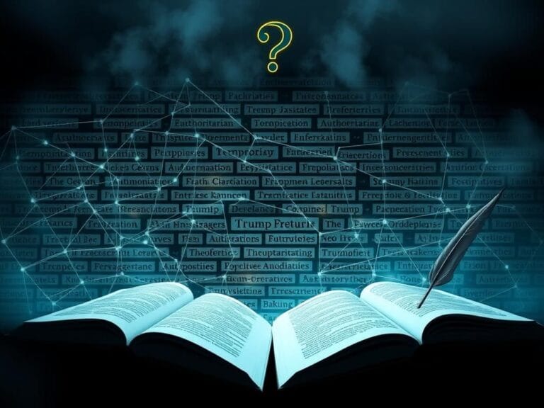 Flick International A digital collage showcasing a web of Wikipedia articles labeling Trump as authoritarian with interconnected lines and keywords.