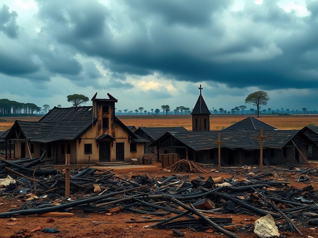Flick International Desolate village scene in Nigeria with charred remains and a smoldering church amidst devastation