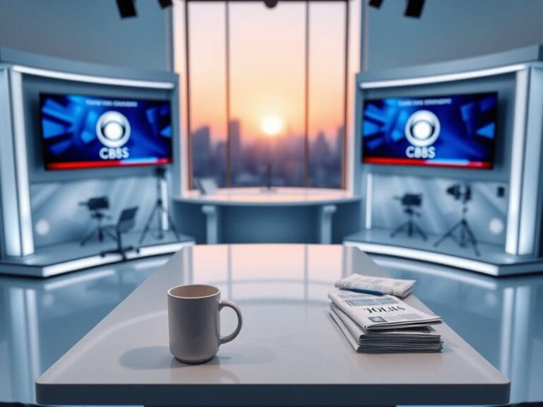 Flick International Modern newsroom setting with high-tech desk and CBS logo screens