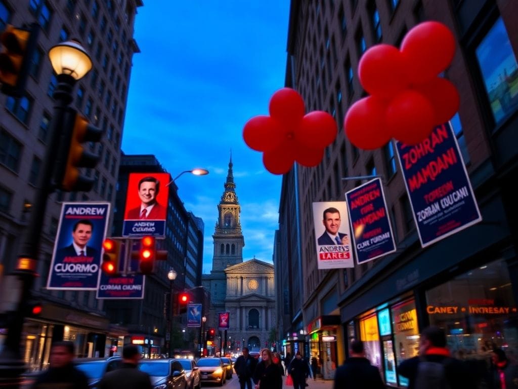 Flick International Colorful campaign posters for Andrew Cuomo and Zohran Mamdani in a vibrant New York City street scene
