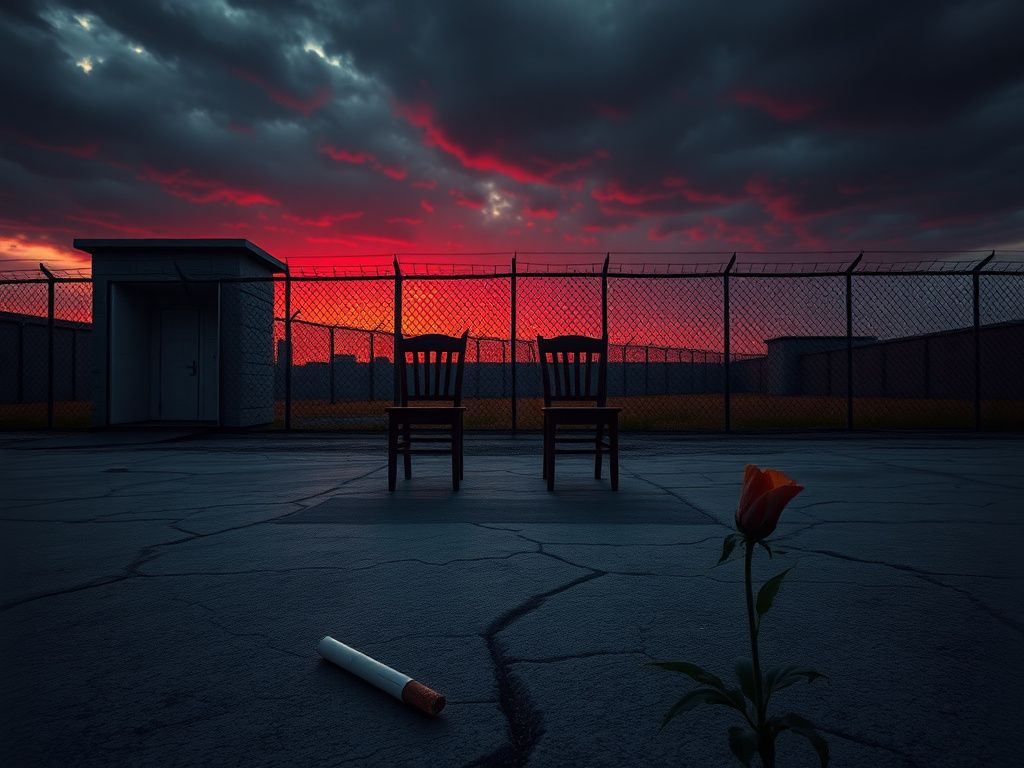 Flick International A weathered execution chamber in a desolate prison yard at dusk