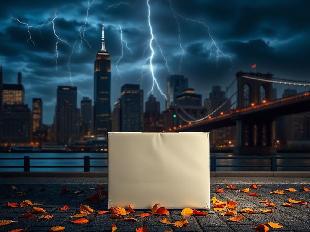 Flick International Dramatic nighttime skyline of New York City with iconic landmarks under a stormy sky