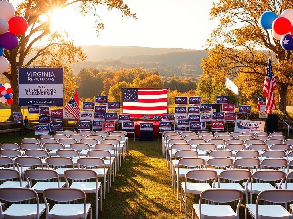 Flick International A vibrant political rally scene with empty white chairs and campaign signs in Virginia
