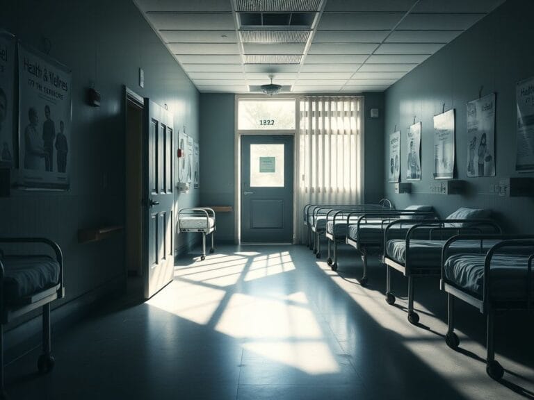 Flick International Somber scene of an empty healthcare facility illustrating the impact of government shutdown on senior citizens