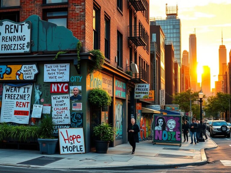 Flick International Vibrant New York City street corner adorned with colorful murals and supportive messages for affordability