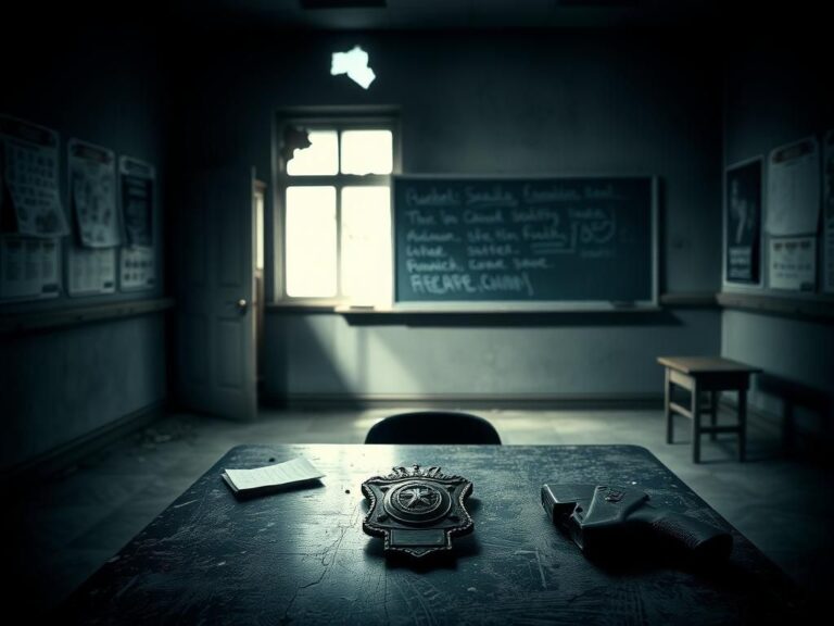 Flick International Dark abandoned school scene with a dusty desk and old badge
