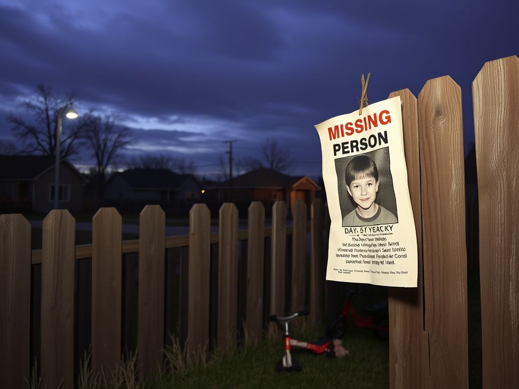 Flick International Weathered missing person flyer on a fence depicting 5-year-old Michael Vaughan's disappearance in Idaho.