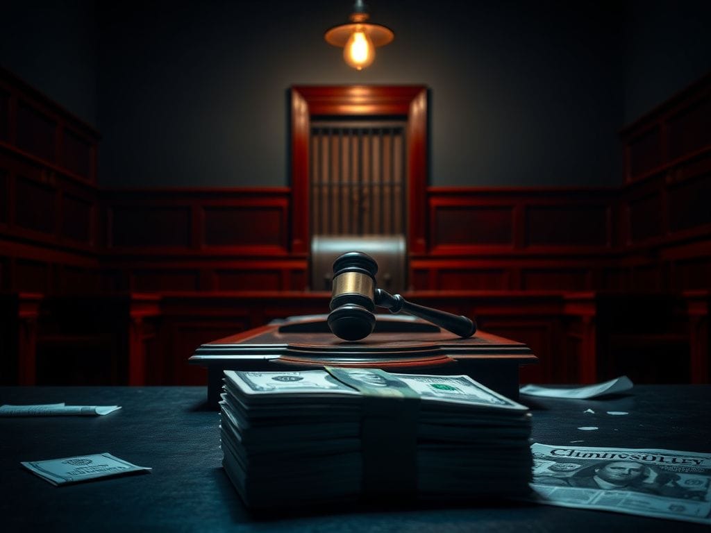 Flick International Dark courtroom scene with a gavel and cash symbolizing crime and legal intrigue