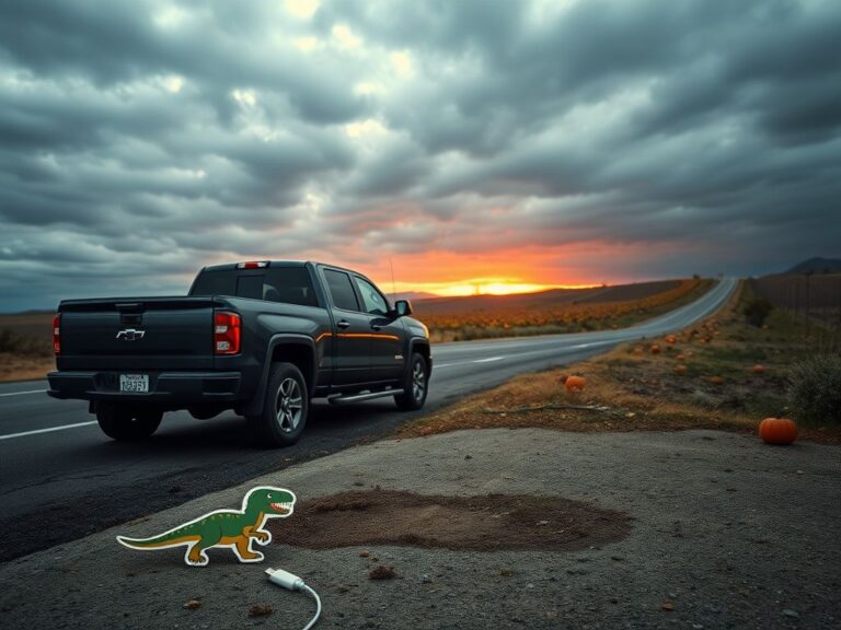 Flick International A deserted roadside scene in California featuring a dark pickup truck, a dinosaur sticker, and a charger cord