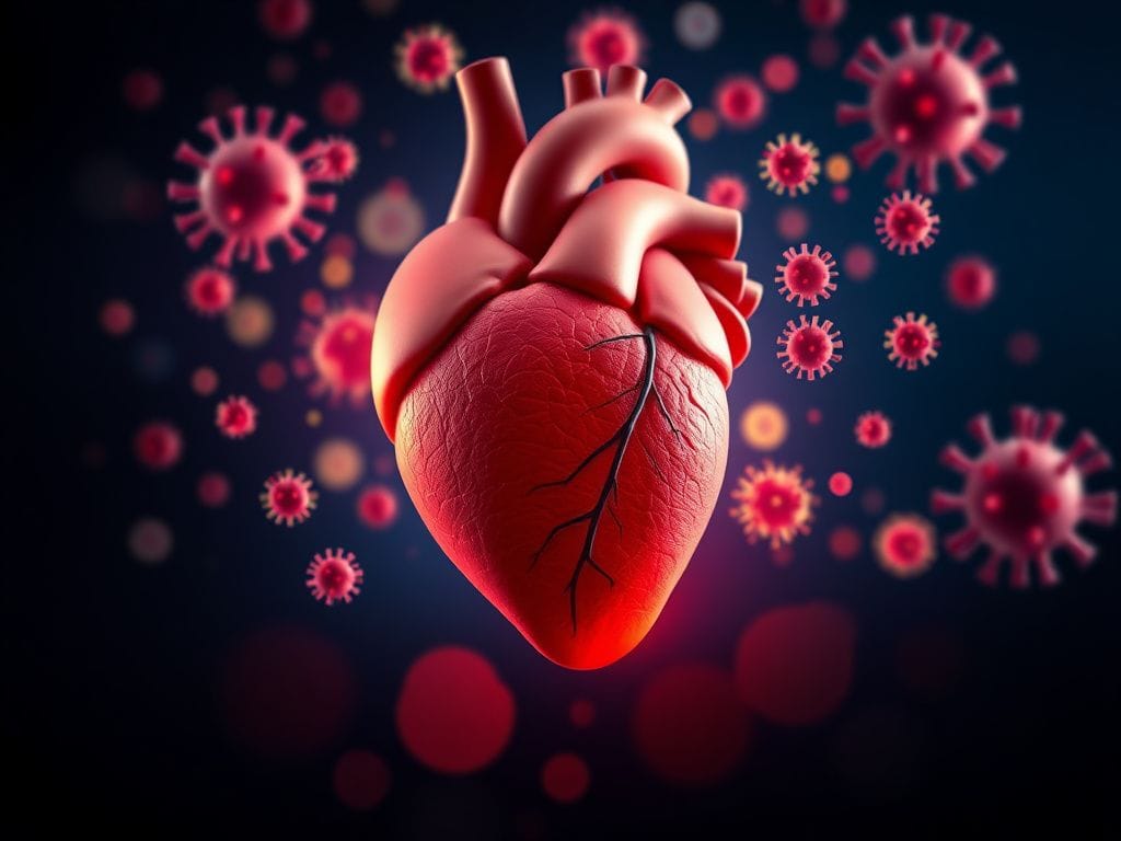 Flick International Close-up view of a human heart surrounded by colorful virus particles symbolizing COVID, influenza, and shingles