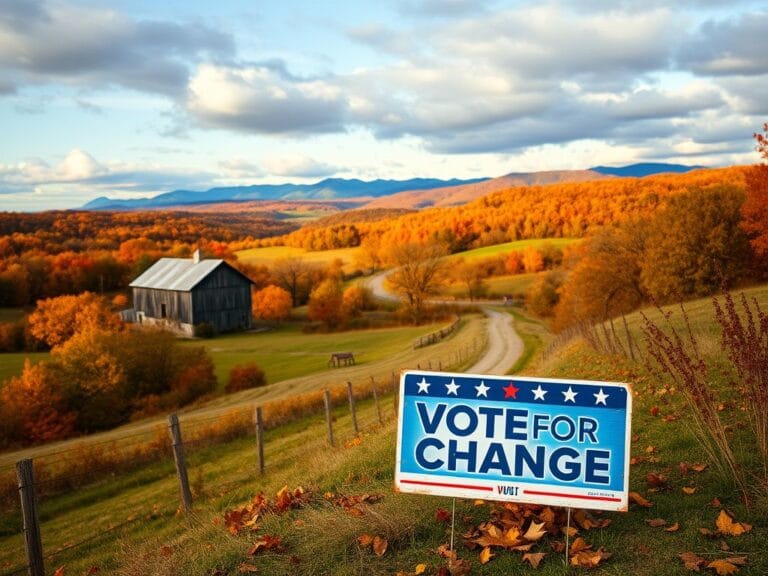 Flick International Autumn landscape in Virginia with rolling hills, rustic barn, and political campaign sign