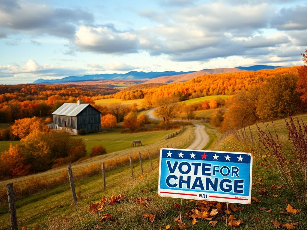 Flick International Autumn landscape in Virginia with rolling hills, rustic barn, and political campaign sign