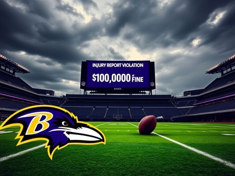 Flick International Dramatic view of a football stadium with Baltimore Ravens logo and injury report violation signage