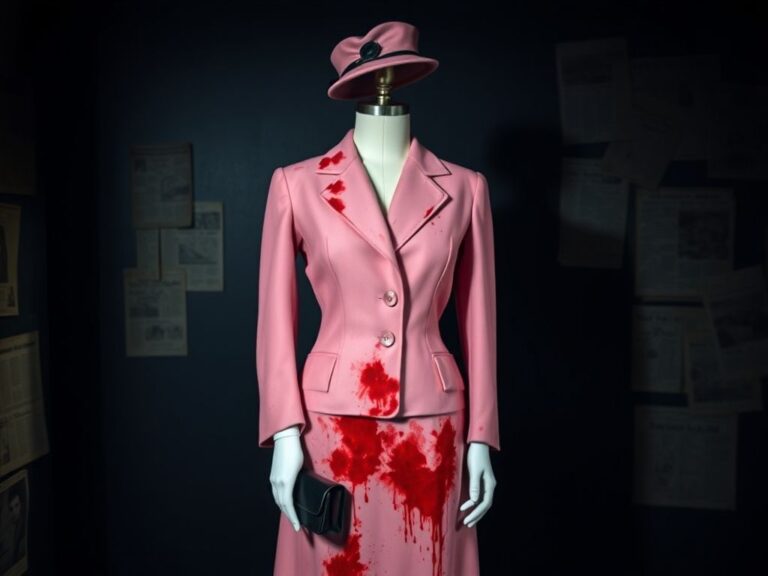 Flick International Vintage pink wool suit with blood stains displayed elegantly on a mannequin