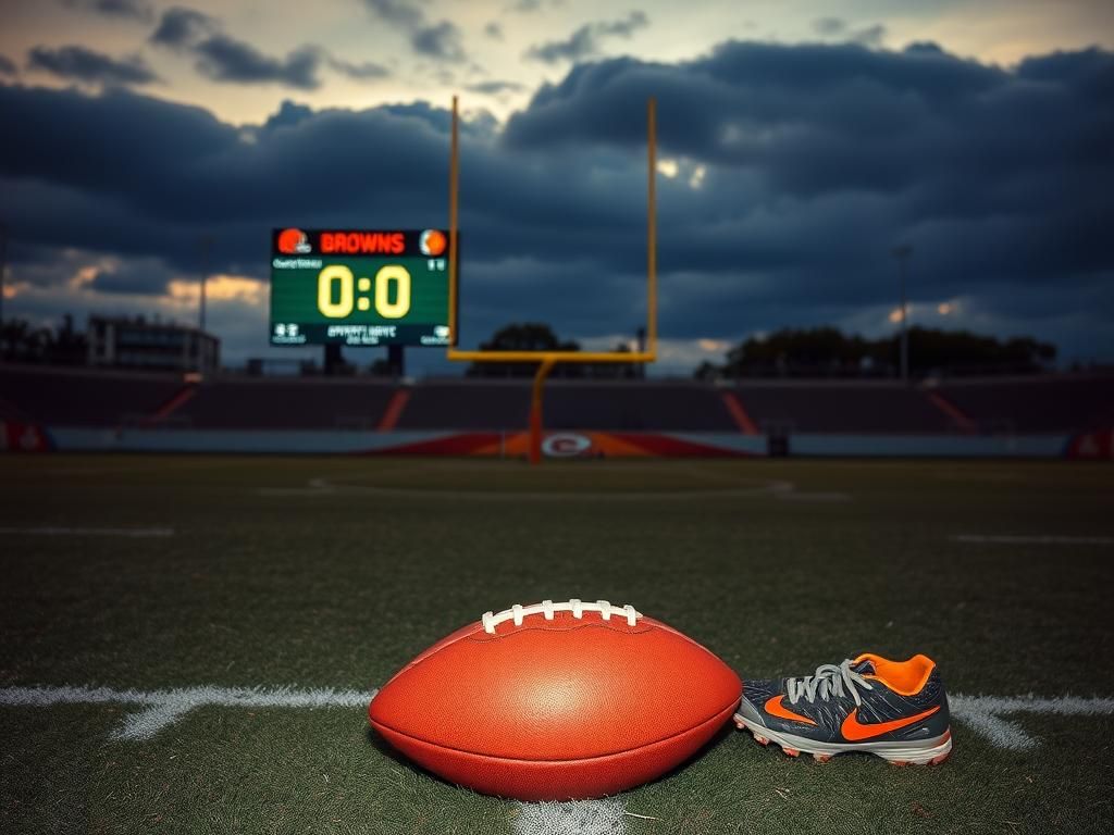 Flick International Dramatic scene of a football turf with a large football and worn-out cleats
