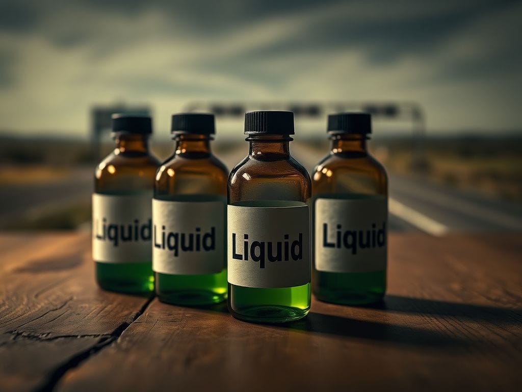 Flick International Close-up view of plastic bottles labeled 'Liquid' amid a blurred Eagle Pass border crossing background