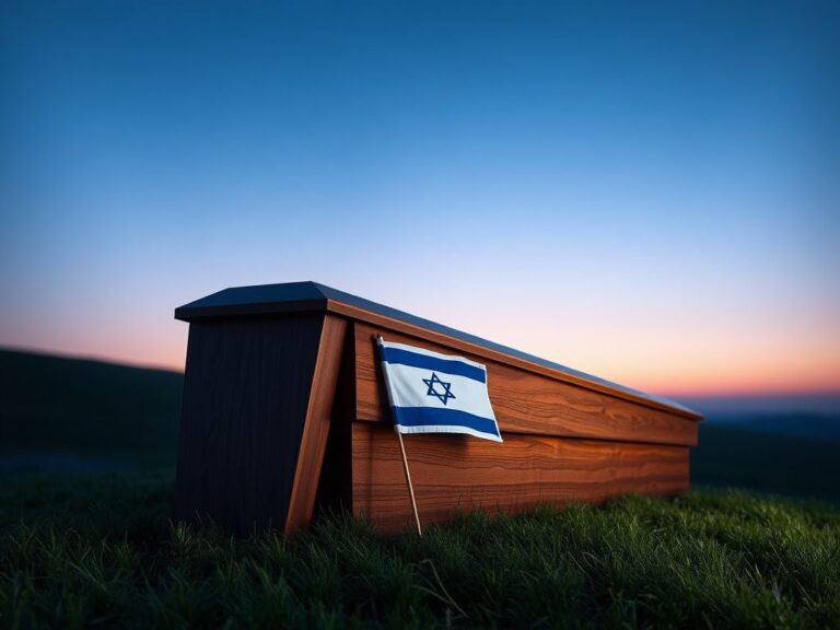 Flick International Three wooden coffins adorned with Israeli flags resting on a grassy field during twilight