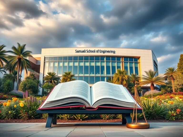 Flick International Exterior view of the Samueli School of Engineering at UC Irvine with symbolic elements representing knowledge and justice