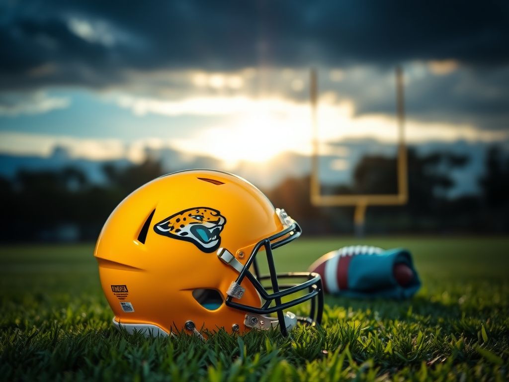 Flick International Close-up of a Jaguars helmet on the grass with a practice jersey, symbolizing team spirit and injury concerns.