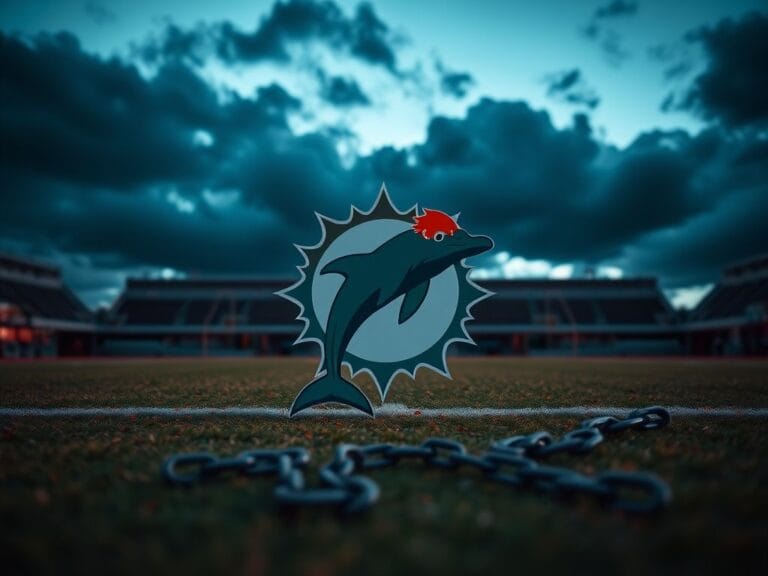 Flick International Symbolic representation of the Miami Dolphins logo on a football field with dark clouds looming