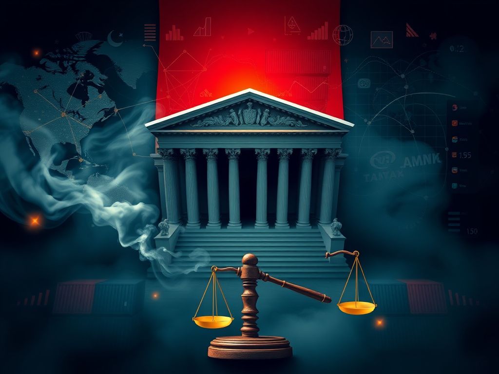 Flick International Overhead view of the Supreme Court building surrounded by economic symbols and a gavel representing legal implications