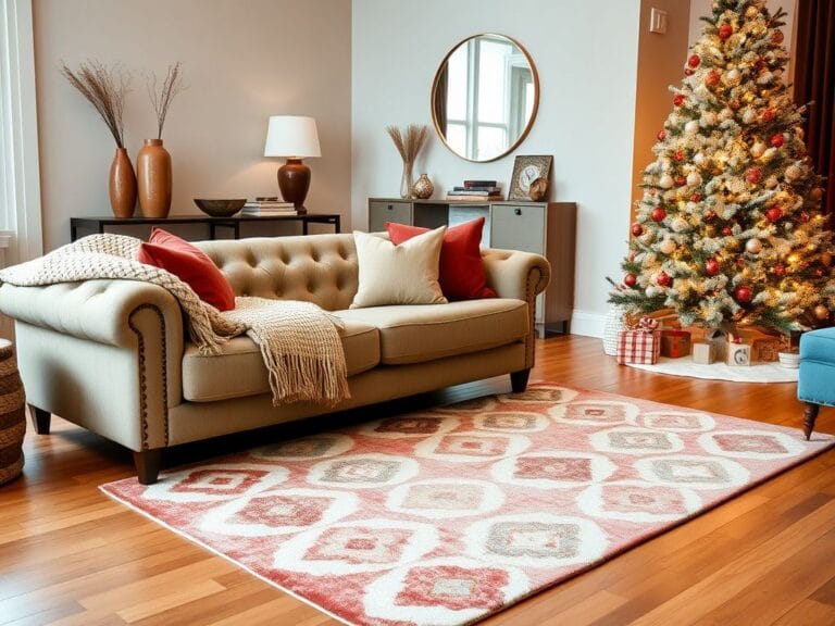 Flick International Cozy living room scene with a plush tufted sofa and festive decor
