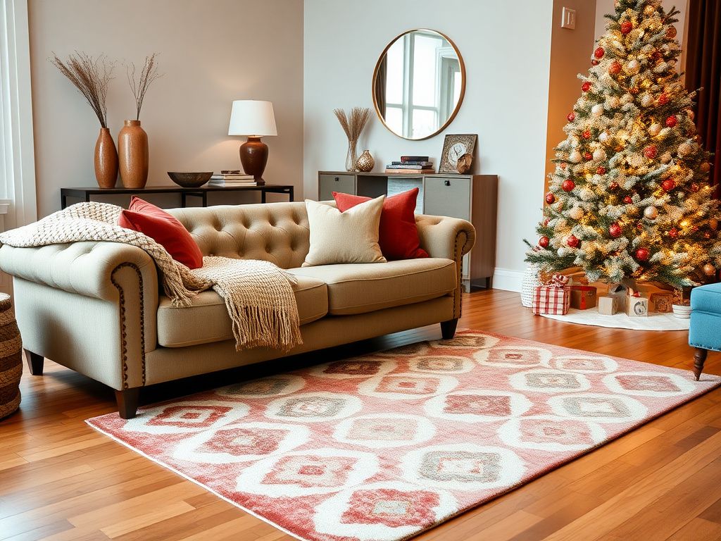 Flick International Cozy living room scene with a plush tufted sofa and festive decor