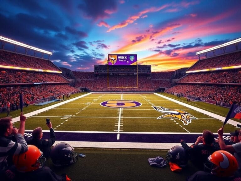 Flick International A dramatic evening view of a football stadium featuring the Cleveland Browns and Minnesota Vikings logos