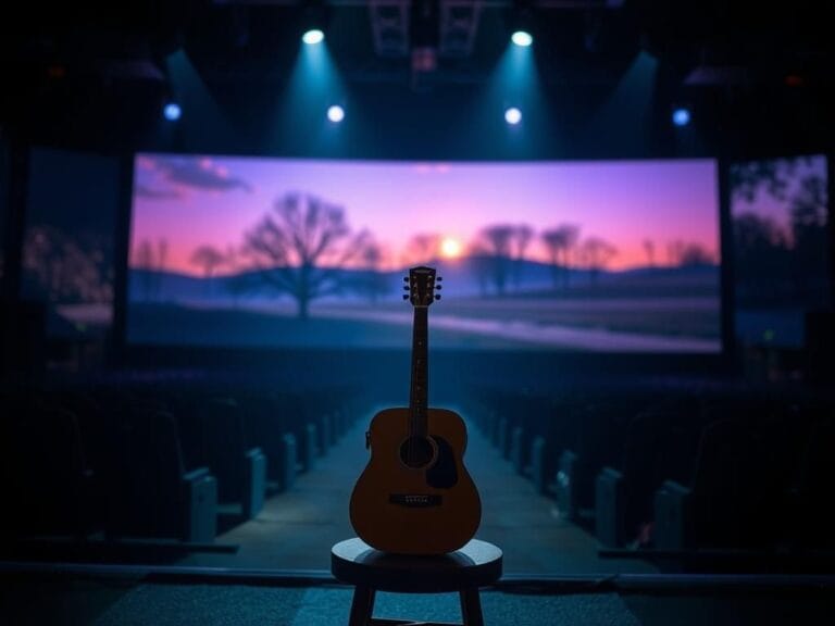 Flick International A dimly lit concert stage featuring a lone acoustic guitar symbolizing absence.