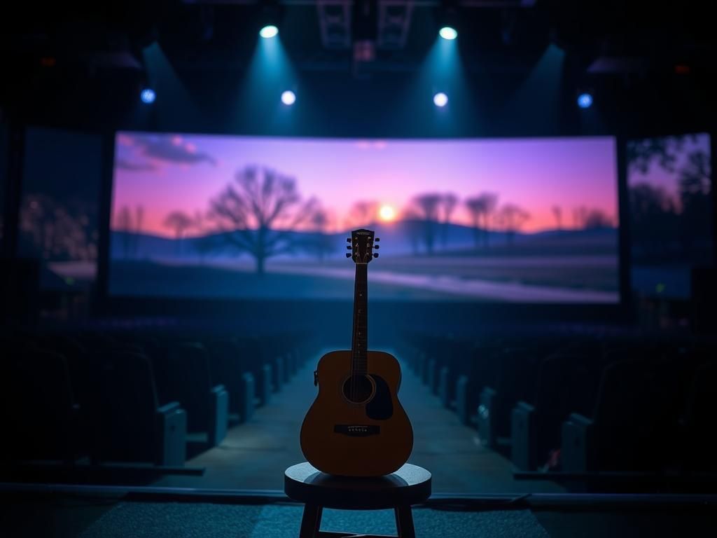Flick International A dimly lit concert stage featuring a lone acoustic guitar symbolizing absence.