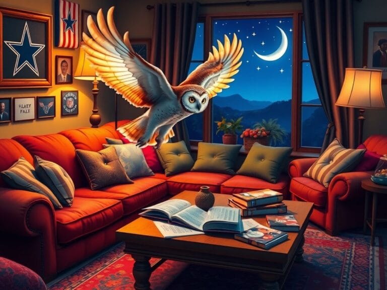 Flick International Owl flying gracefully in a cozy living room adorned with Dallas Cowboys memorabilia